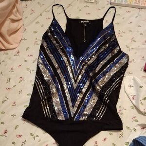 Express Black and Blue Sequin Bodysuit